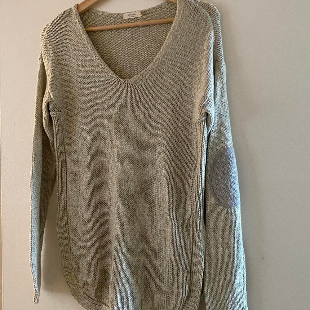 Harper Heritage crochet sweater tan color with brown oval brown patches